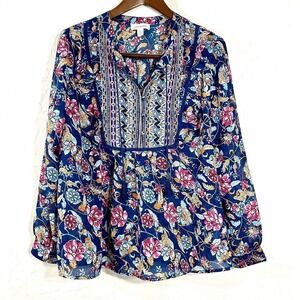 Vintage X America Womens Top Blue Chiffon‎ Floral Tunic Peasant Blouse Size XL